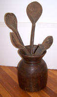 Grain Holder w/ 19th C Wooden Spoons